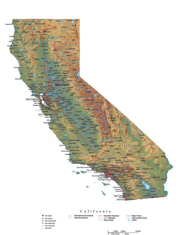 California Map Cut-Out Style with Cities, Roads, Water Features and Terrain Background
