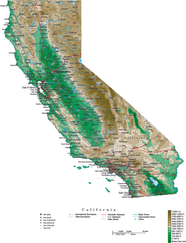 California Map  with Contour Background - Cut Out Style