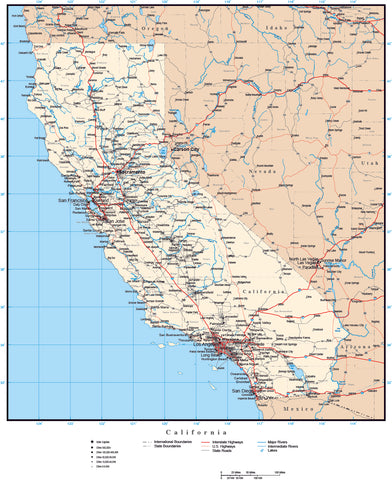 California Map with Counties, Cities, County Seats, Major Roads, Rivers and Lakes