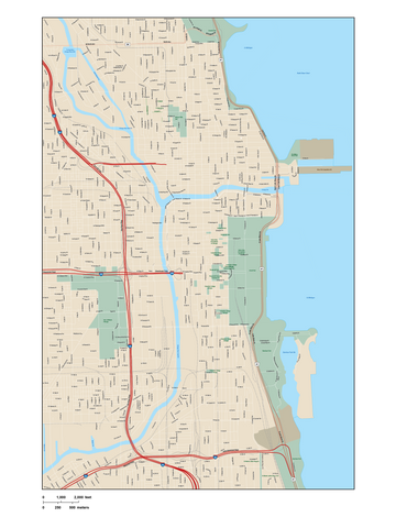 Chicago IL Map - City Center - 15 square miles - with Local Streets