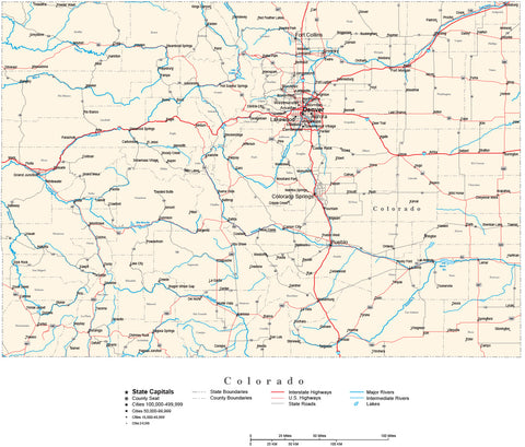 Colorado Map - Cut Out Style - with Capital, County Boundaries, Cities, Roads, and Water Features