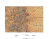 Colorado Map - Cut-Out Style with Cities, Roads, Water Features and Terrain Background