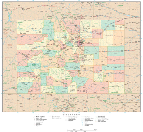 Detailed Colorado Digital Map with Counties, Cities, Highways, Railroads, Airports, National Parks and more