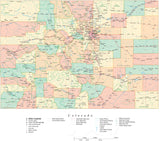 Detailed Colorado Cut-Out Style Digital Map with Counties, Cities, Highways, National Parks and more