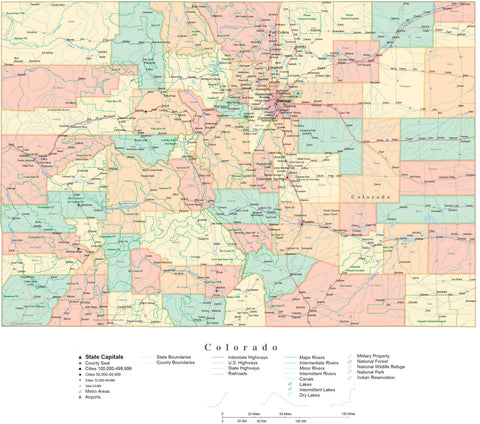 Detailed Colorado Cut-Out Style Digital Map with Counties, Cities, Highways, National Parks and more