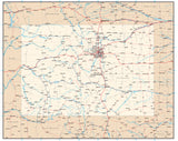 Colorado Map with Capital, County Boundaries, Cities, Roads, and Water Features