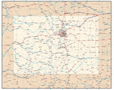 Colorado Map with Capital, County Boundaries, Cities, Roads, and Water Features