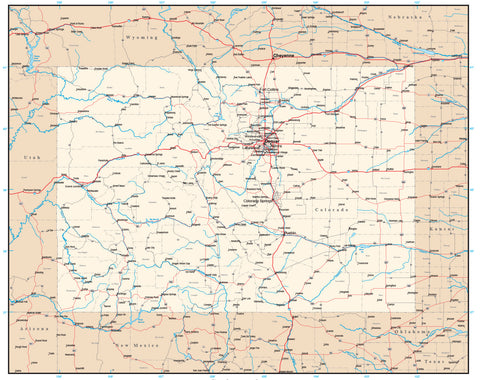 Colorado Map with Capital, County Boundaries, Cities, Roads, and Water Features