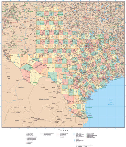 Detailed Texas Digital Map with Counties, Cities, Highways, Railroads, Airports, National Parks and more
