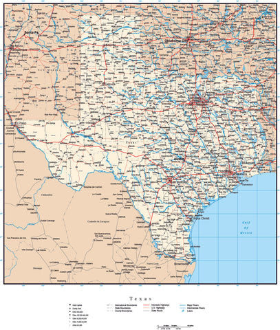 Texas Map with Capital, County Boundaries, Cities, Roads, and Water Features