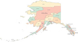 Multi Color Alaska Map with Counties and County Names