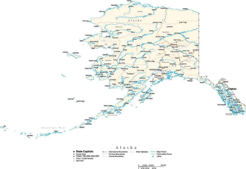 Alaska Map - Cut Out Style - with Capital, County Boundaries, Cities, Roads, and Water Features
