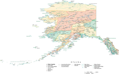 Detailed Alaska Cut-Out Style Digital Map with Counties, Cities, Highways, and more