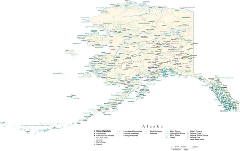 Detailed Alaska Cut-Out Style Digital Map with County Boundaries, Cities, Highways, and more