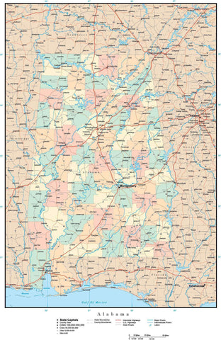 Alabama State Map with Counties, Cities, County Seats, Major Roads, Rivers and Lakes