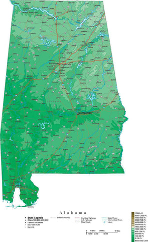Alabama Map with Contour Background - Cut Out Style