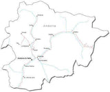 Andorra Black & White Map with Capital, Major Cities, Roads, and Water Features