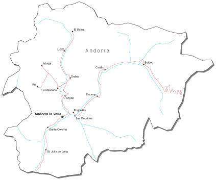 Andorra Black & White Map with Capital, Major Cities, Roads, and Water Features
