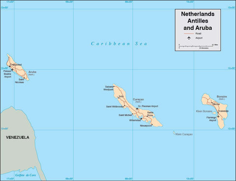 Digital Netherlands Antilles map in Adobe Illustrator vector format