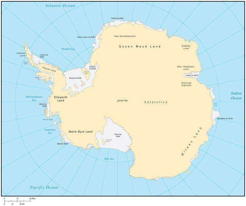 Multi Color Antarctica Map with Countries, Capitals, Major Cities and Water Features