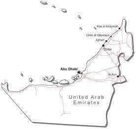 United Arab Emirates Black & White Map with Capital Major Cities and Roads