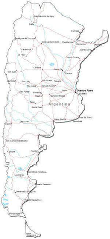 Argentina Black & White Map with Capital, Major Cities, Roads, and Water Features