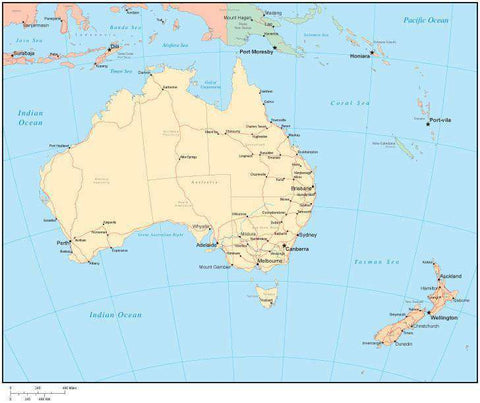 Multi Color Australia Map with Australian States, Capitals and Major Cities