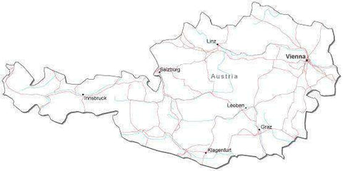 Austria Black & White Map with Capital Major Cities and Roads