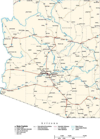 Arizona Map - Cut Out Style - with Capital, County Boundaries, Cities, Roads, and Water Features