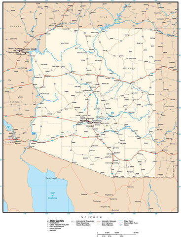 Arizona Map with Capital, County Boundaries, Cities, Roads, and Water Features