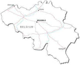 Belgium Black & White Map with Capital, Major Cities, Roads, and Water Features