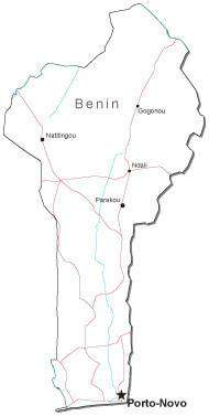 Benin Black & White Map with Capital, Major Cities, Roads, and Water Features