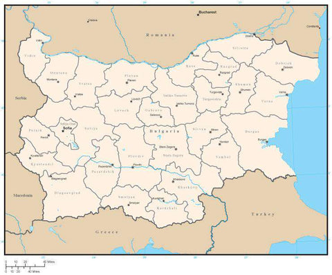 Bulgaria Digital Vector Map with Province Areas and Capitals