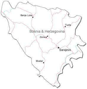 Bosnia & Herzegovina Black & White Map with Capital, Major Cities, Roads, and Water Features