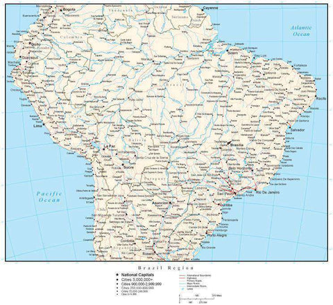 Brazil Region Map with Country Boundaries, Capitals, Cities, Roads and Water Features