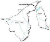 Brunei Black & White Map with Capital Major Cities and Roads