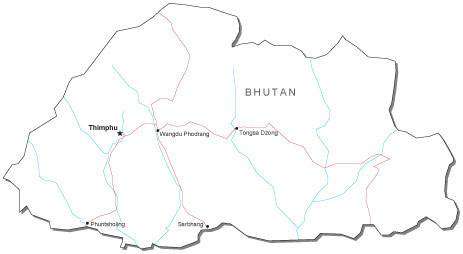 Bhutan Black & White Map with Capital, Major Cities, Roads, and Water Features