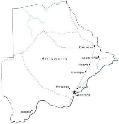 Botswana Black & White Map with Capital, Major Cities, Roads, and Water Features