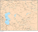 Single Color Central Asia Map with Countries, Capitals, Major Cities and Water Features