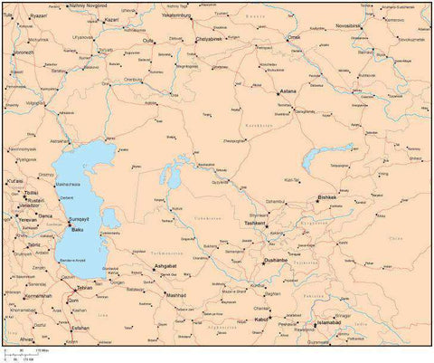 Single Color Central Asia Map with Countries, Capitals, Major Cities and Water Features