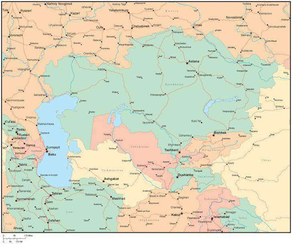 Multi Color Central Asia Map with Countries, Major Cities