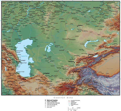 Central Asia Terrain map in Adobe Illustrator vector format with Photoshop terrain image C-ASIA-952867