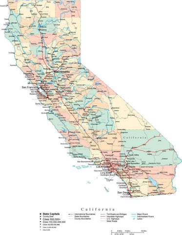 California State Map - Multi-Color Cut-Out Style - with Counties, Cities, County Seats, Major Roads, Rivers and Lakes