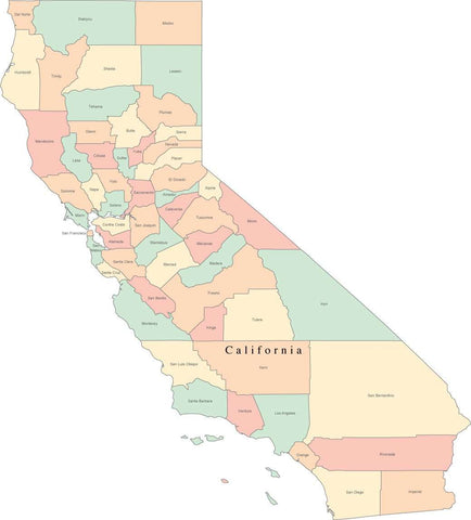 Multi Color California Map with Counties and County Names