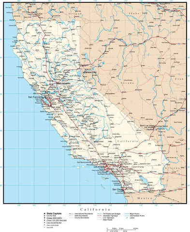 California Map with Capital, County Boundaries, Cities, Roads, and Water Features