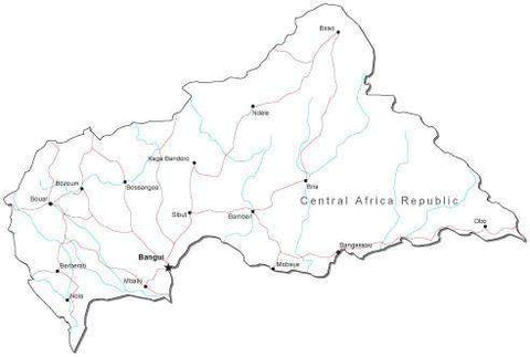 Central African Republic Black & White Map with Capital, Major Cities, Roads, and Water Features