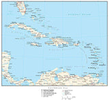 Caribbean Map with Country Boundaries, Capitals, Cities, Roads and Water Features