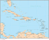 Single Color Caribbean Sea Map with Countries, Capitals, Major Cities and Water Features