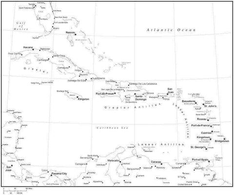 Black & White Caribbean Sea Map with Countries, Capitals and Major Cities - CARIBB-533915