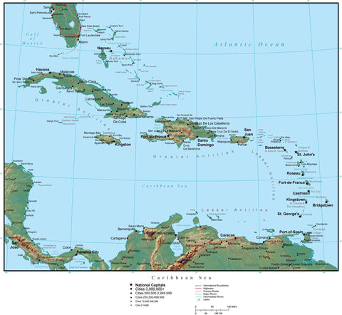Caribbean Terrain map in Adobe Illustrator vector format with Photoshop terrain image CARIBB-952790